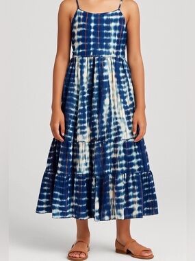 Girls 100% Cotton Blue Tie-Dye Tiered Maxi Dress Made in India